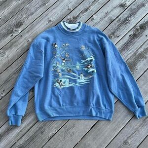 Whim Z light blue winter birds + snowmen graphic double collar crewneck